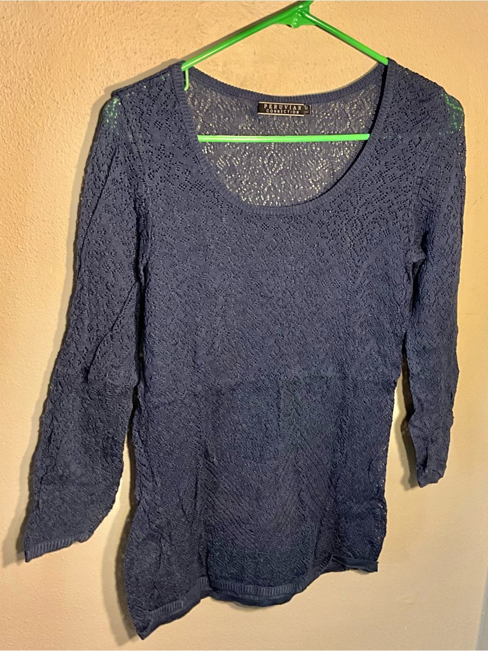 Peruvian Connection Navy Lace Knit Scoop Neck Top M